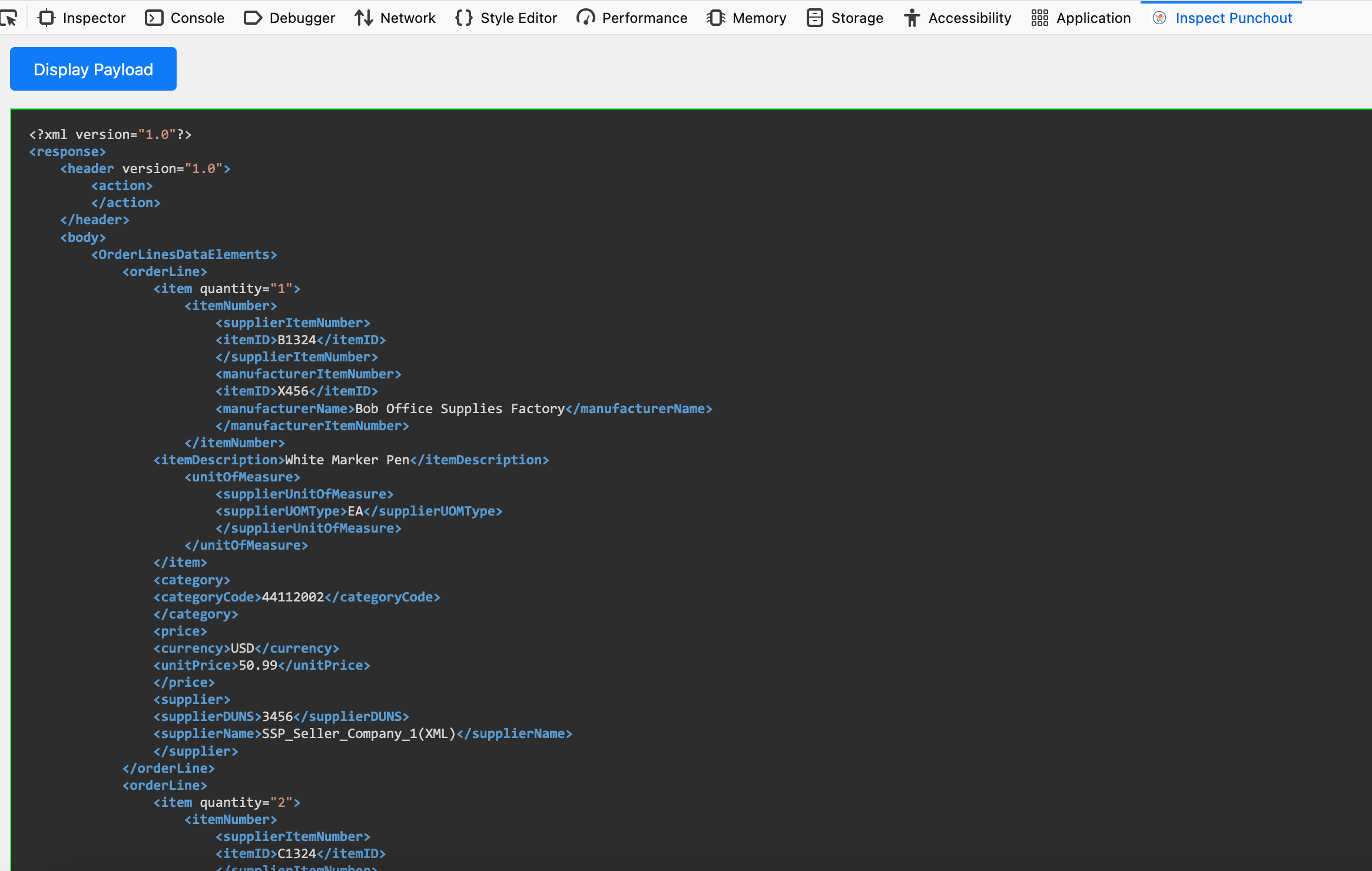 Inspect Punchout Showing Punchout Cart