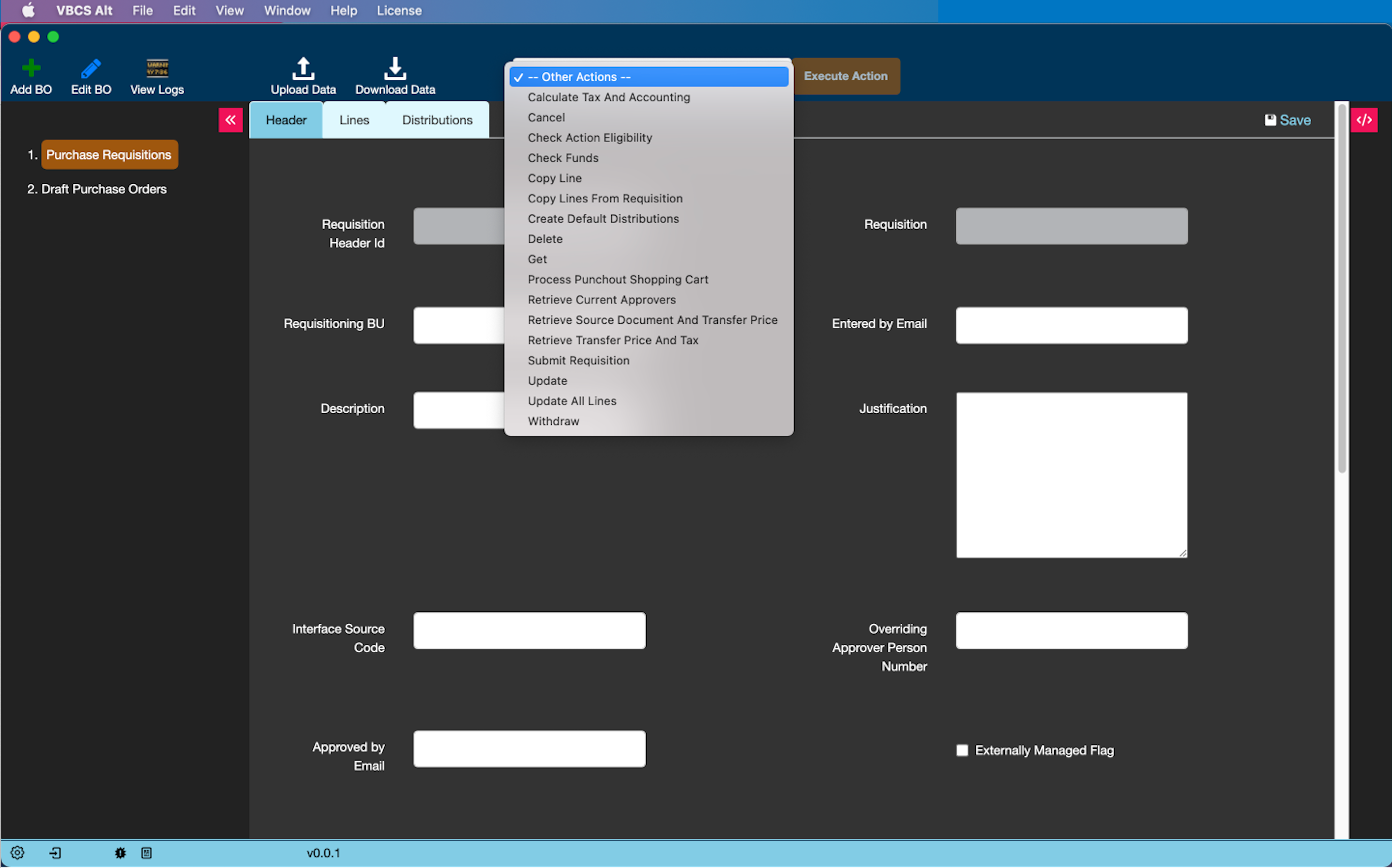 VBCS Alt home showing actions for the header tab of the purchase requisition business object