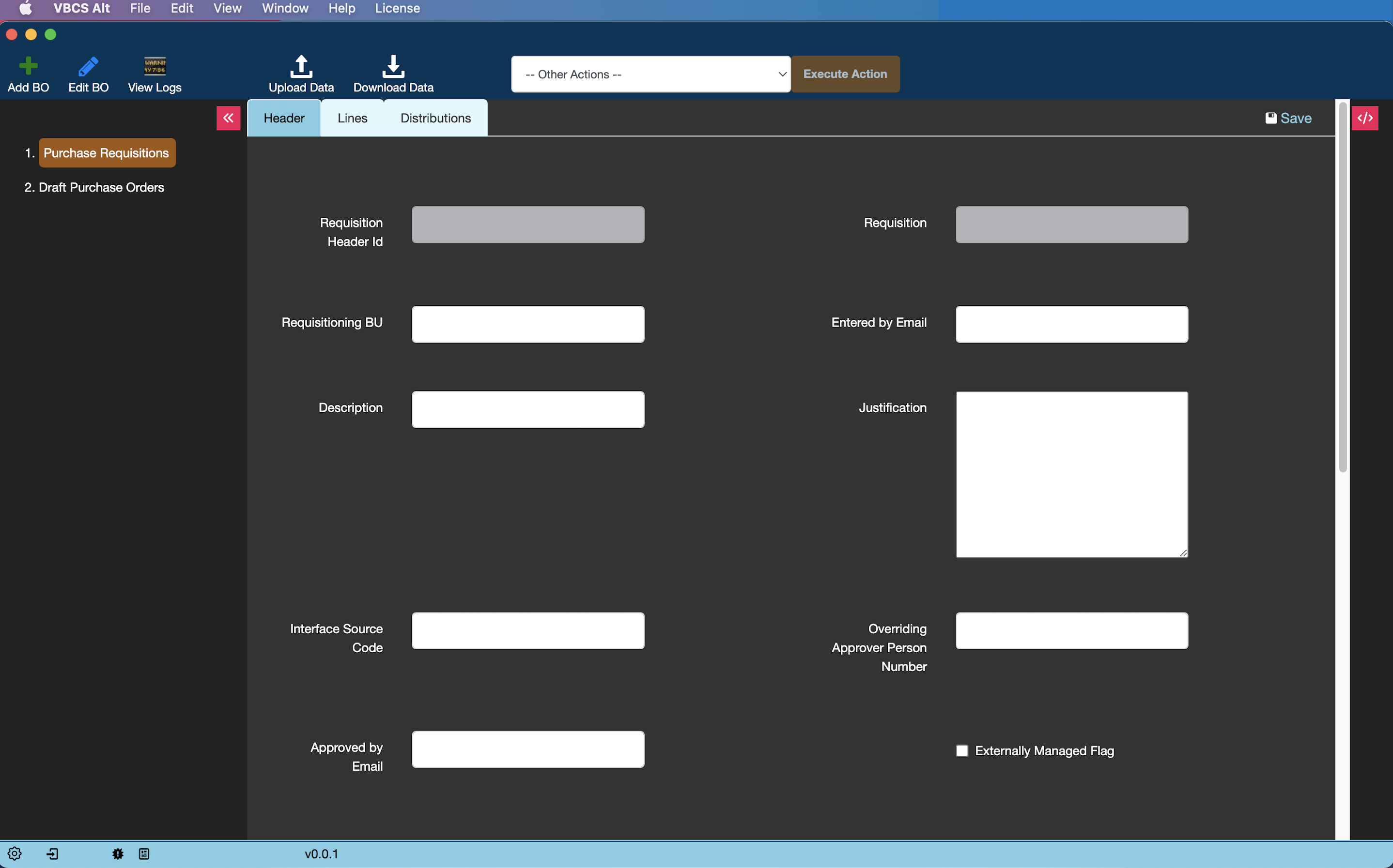 VBCS Alt home page showing business objects