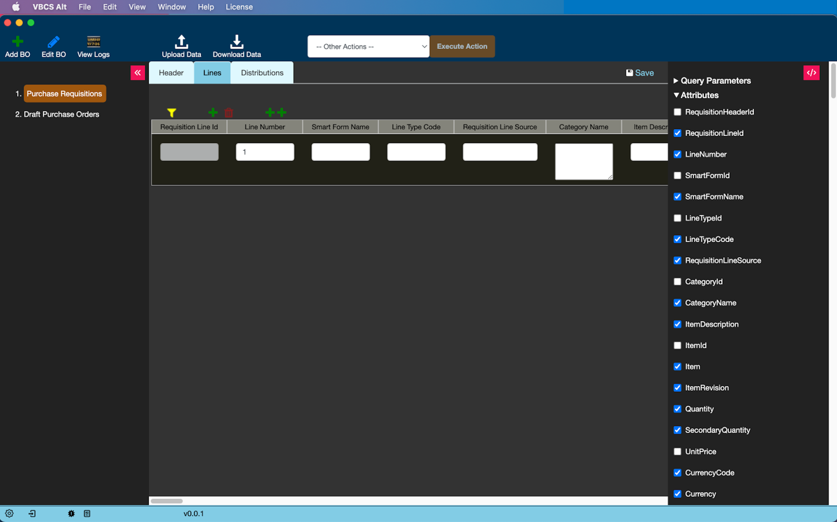 VBCS Alt home page showing where user can select more attributes for the lines tab of the purchase requisition business object