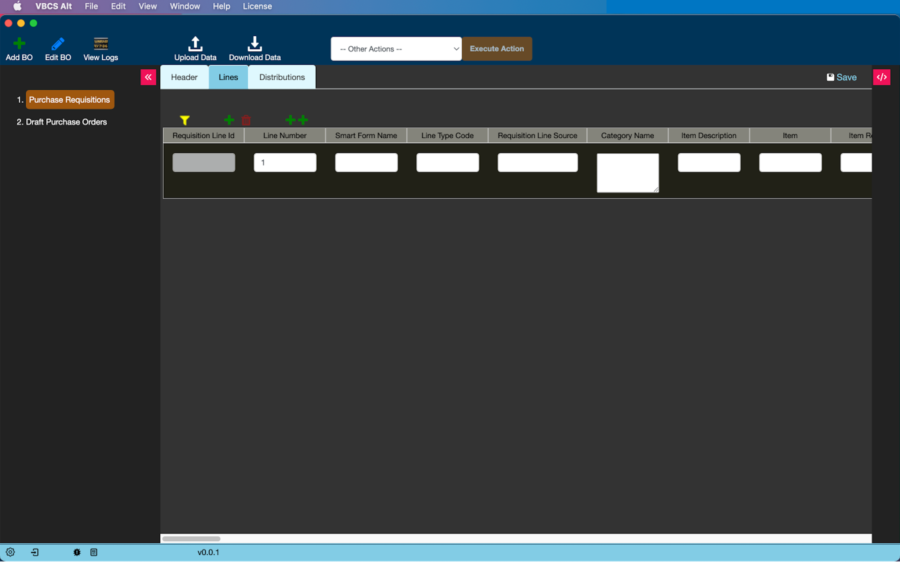 VBCS Alt home page showing lines tab of purchase requisition business object