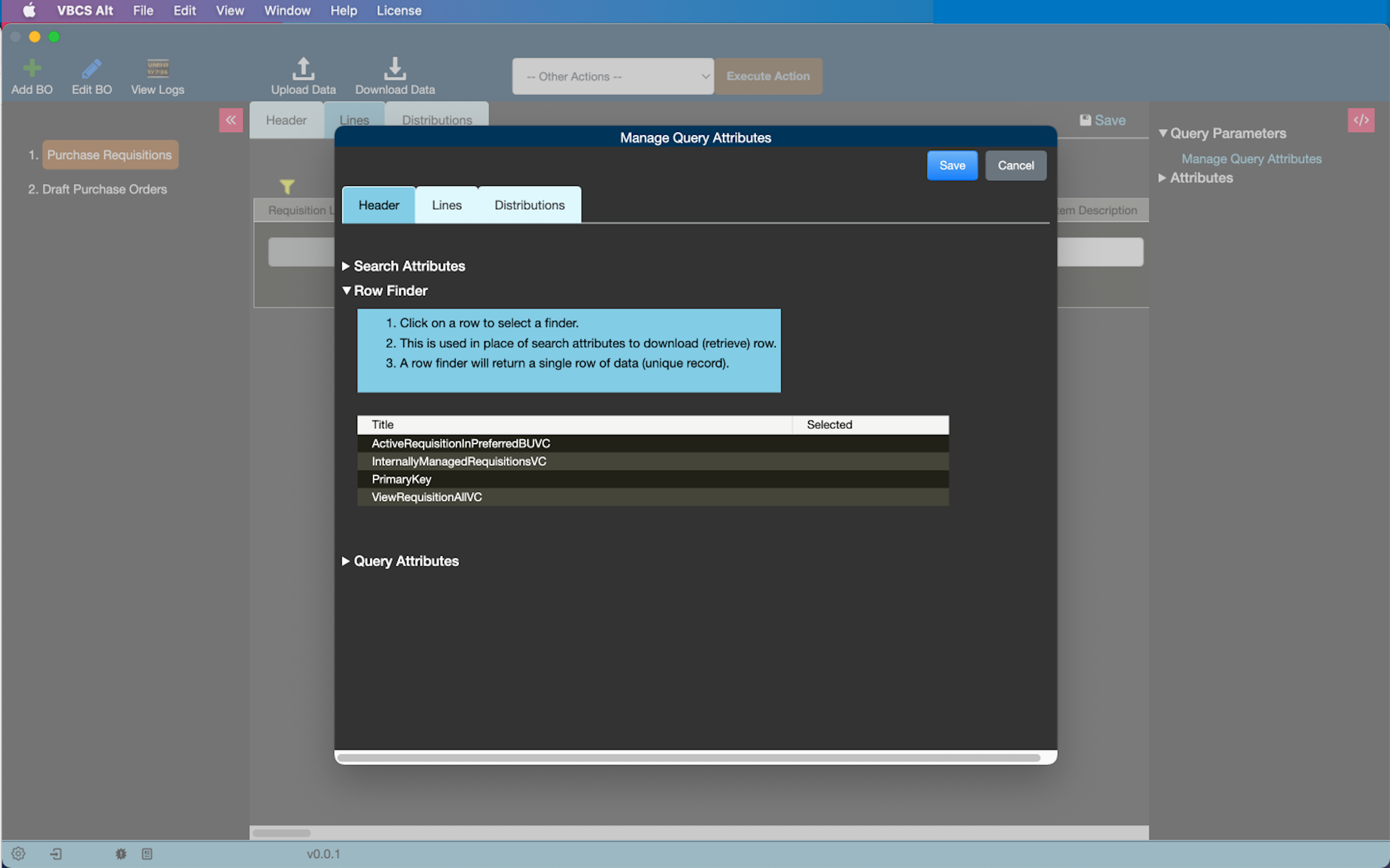 VBCS Alt home showing where user can configure row finder