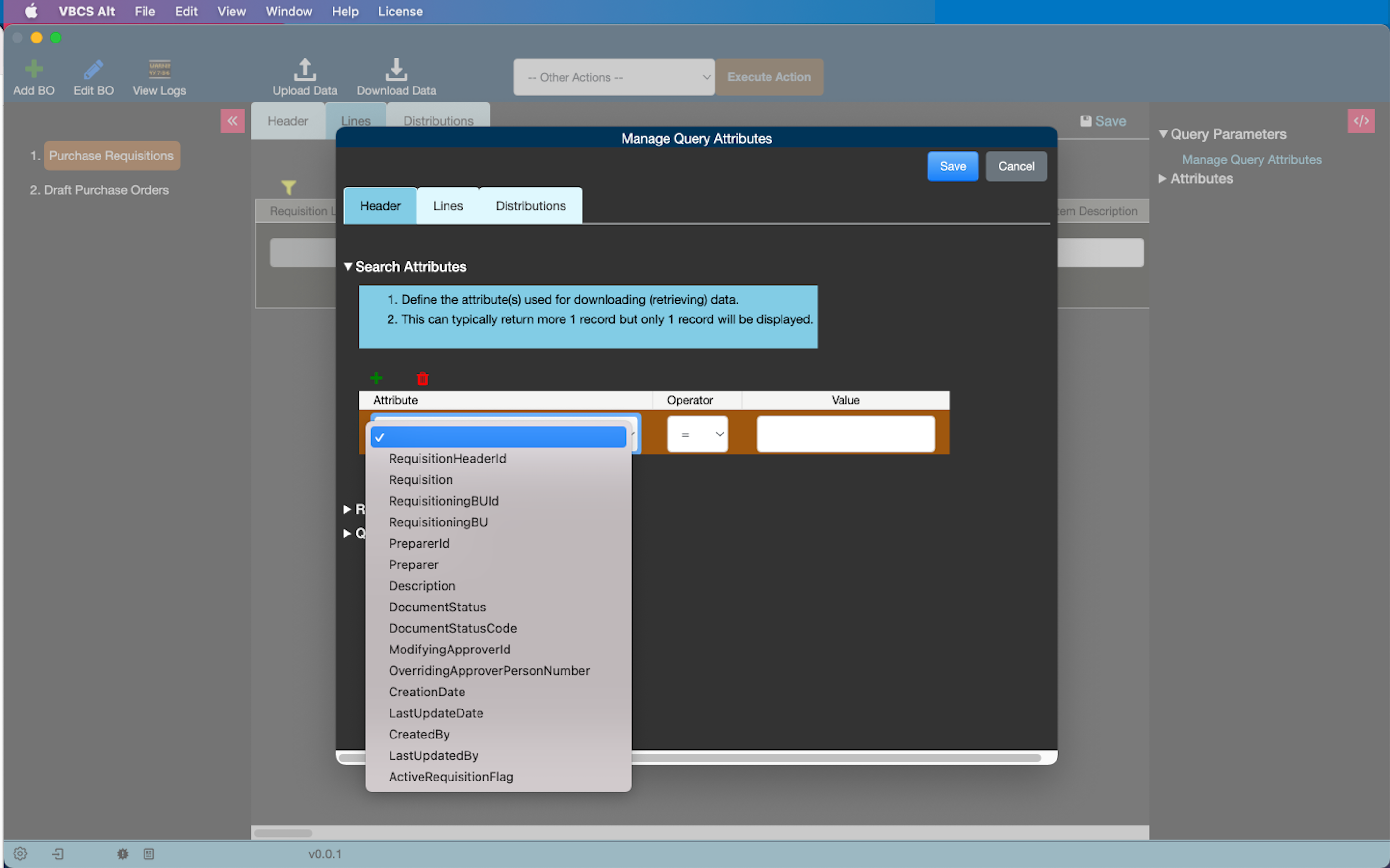 VBCS Alt home showing where user can configure search attributes